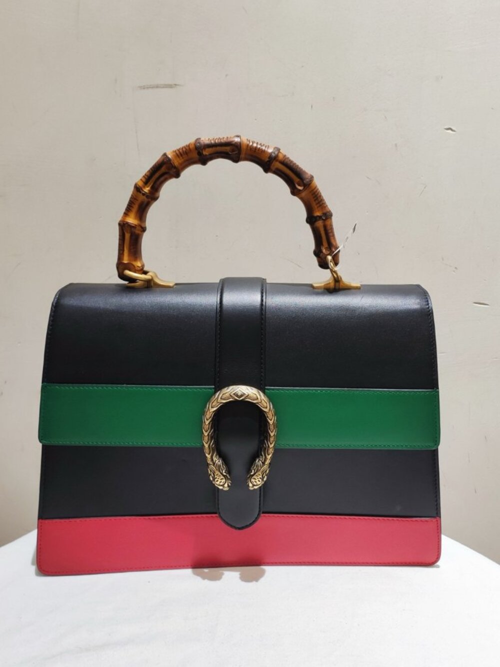 Gucci Dionysus Black Green Red Color Block Leather Bamboo Handle Handbag